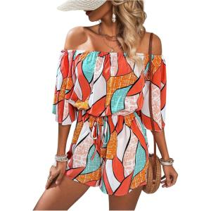 imageSHENHE Womens Off Shoulder Flutter Sleeve Boho Tropical Romper Short Jumpsuit PlaysuitOrange White Multi