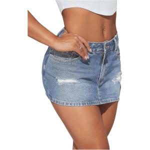 imageSHENHE Womens Ripped Low Rise Zip Fly Denim Skirt Sexy Y2k Vintage Jean Mini SkirtLight Wash