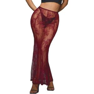 imageSHENHE Womens Sheer Lace Maxi Skirt Sexy See Through Fishtail High Waist Y2k Long Coverup SkirtsBurgundy