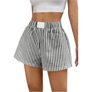 imageSHENHE Womens Striped Colorblock Straight Leg Shorts Elastic Waist Streetwear ShortsBlack and White