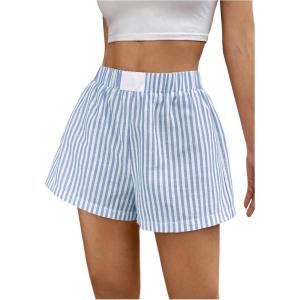 imageSHENHE Womens Striped Colorblock Straight Leg Shorts Elastic Waist Streetwear ShortsBlue