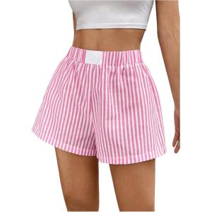 imageSHENHE Womens Striped Colorblock Straight Leg Shorts Elastic Waist Streetwear ShortsPink