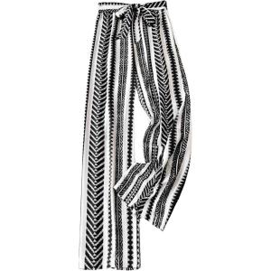 imageSHENHE Womens Striped Wide Leg Geo Print Boho Pants Belted Loose Flowy Palazzo PantsBlack and White