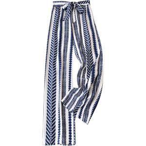 imageSHENHE Womens Striped Wide Leg Geo Print Boho Pants Belted Loose Flowy Palazzo PantsBlue and White