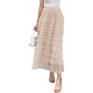 imageSHENHE Womens Tiered Mesh Tulle Skirt High Waisted A Line Flowy Layered Mid Tutu SkirtApricot