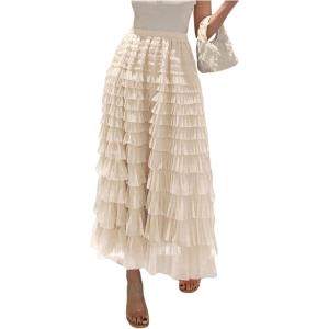 imageSHENHE Womens Tiered Mesh Tulle Skirt High Waisted A Line Flowy Layered Mid Tutu SkirtBeige