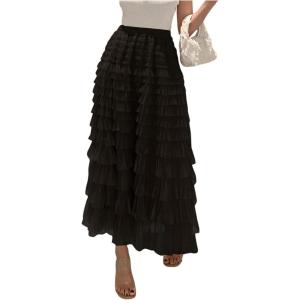 imageSHENHE Womens Tiered Mesh Tulle Skirt High Waisted A Line Flowy Layered Mid Tutu SkirtBlack