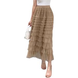 imageSHENHE Womens Tiered Mesh Tulle Skirt High Waisted A Line Flowy Layered Mid Tutu SkirtBrown