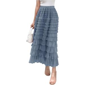 imageSHENHE Womens Tiered Mesh Tulle Skirt High Waisted A Line Flowy Layered Mid Tutu SkirtDusty Blue