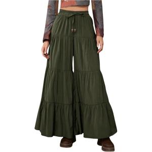 imageSHENHE Womens Tiered Ruffle Hem Wide Leg Pants Elastic Waist Flowy Palazzo Boho PantsArmy Green