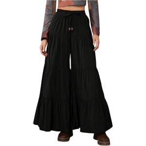 imageSHENHE Womens Tiered Ruffle Hem Wide Leg Pants Elastic Waist Flowy Palazzo Boho PantsBlack