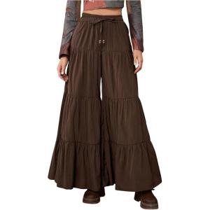 imageSHENHE Womens Tiered Ruffle Hem Wide Leg Pants Elastic Waist Flowy Palazzo Boho PantsChocolate Brown