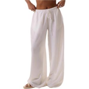 imageSHENHE Womens Wide Leg Drawstring Tie Waist Pants Flowy Loose Palazzo Boho Beach Pants White Medium