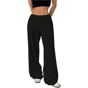 imageSHENHE Womens Wide Leg Pants Casual Drawstring Y2k Low Rise Lounge Pants Loose TrousersBlack