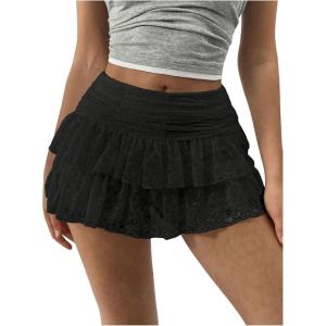 imageSHENHE Womens Y2k Lace Layered Mini Skirt Ruched A Line Cute Tiered Ruffle SkirtBlack