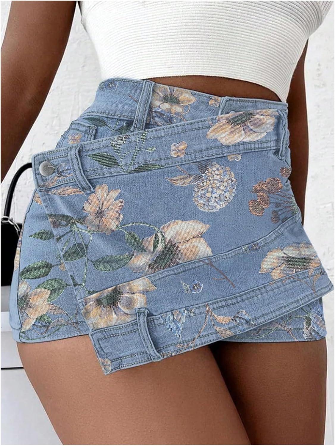 imageSHENHE Womens Vintage Mini Denim Skorts Wrap Overlay Irregular Stretchy Cargo ShortsFloral Blue