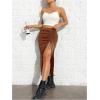 imageSHENHE Womens Sexy High Slit Skirt Drawstring Ruched Split Thigh Bodycon Long SkirtCoffee Brown