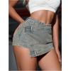 imageSHENHE Womens Vintage Mini Denim Skorts Wrap Overlay Irregular Stretchy Cargo ShortsYellow and Blue