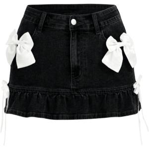 imageSHENHE Womens Bow Jeans Skirt Ruffle Hem A Line Denim Mini Casual Summer Jean SkirtBlack