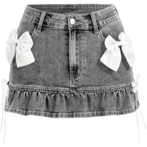 imageSHENHE Womens Bow Jeans Skirt Ruffle Hem A Line Denim Mini Casual Summer Jean SkirtGrey