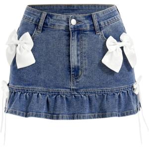 imageSHENHE Womens Bow Jeans Skirt Ruffle Hem A Line Denim Mini Casual Summer Jean SkirtLight Wash