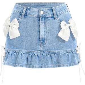 imageSHENHE Womens Bow Jeans Skirt Ruffle Hem A Line Denim Mini Casual Summer Jean SkirtLight Wash Blue