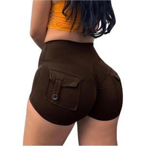 imageSHENHE Womens High Waist Booty Shorts Butt Lifting Rave Hot Pants Scrunch Ruched ShortsChocolate Brown