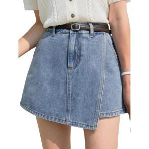 imageSHENHE Womens High Waisted Denim Skort Wrap Hem Asymmetrical Jean Mini Skirt ShortsBlue