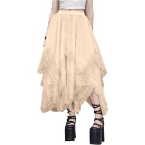 imageSHENHE Womens Lace Trim Layered Mesh Tulle Skirt High Waist Asymmetrical Long Goth SkirtApricot