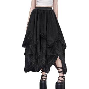 imageSHENHE Womens Lace Trim Layered Mesh Tulle Skirt High Waist Asymmetrical Long Goth SkirtBlack