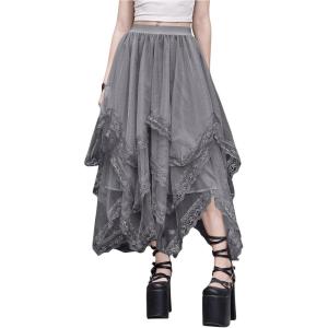 imageSHENHE Womens Lace Trim Layered Mesh Tulle Skirt High Waist Asymmetrical Long Goth SkirtGrey