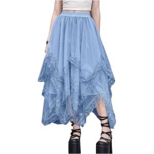imageSHENHE Womens Lace Trim Layered Mesh Tulle Skirt High Waist Asymmetrical Long Goth SkirtLight Blue