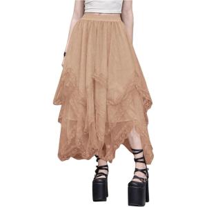 imageSHENHE Womens Lace Trim Layered Mesh Tulle Skirt High Waist Asymmetrical Long Goth SkirtLight Khaki