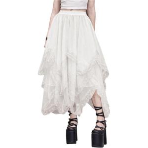 imageSHENHE Womens Lace Trim Layered Mesh Tulle Skirt High Waist Asymmetrical Long Goth SkirtWhite