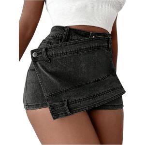 imageSHENHE Womens Vintage Mini Denim Skorts Wrap Overlay Irregular Stretchy Cargo ShortsBlack