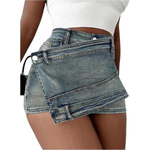 imageSHENHE Womens Vintage Mini Denim Skorts Wrap Overlay Irregular Stretchy Cargo ShortsDark Blue B