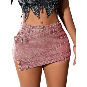 imageSHENHE Womens Vintage Mini Denim Skorts Wrap Overlay Irregular Stretchy Cargo ShortsDusty Pink
