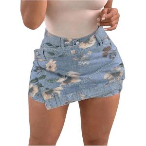 imageSHENHE Womens Vintage Mini Denim Skorts Wrap Overlay Irregular Stretchy Cargo ShortsFloral Blue