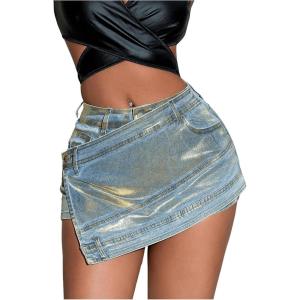 imageSHENHE Womens Vintage Mini Denim Skorts Wrap Overlay Irregular Stretchy Cargo ShortsGold