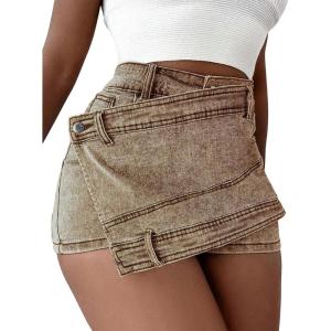 imageSHENHE Womens Vintage Mini Denim Skorts Wrap Overlay Irregular Stretchy Cargo ShortsKhaki