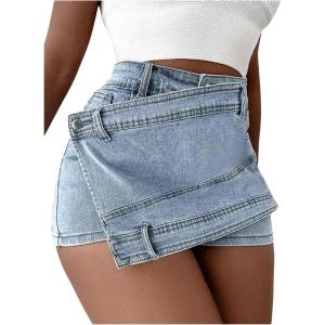 imageSHENHE Womens Vintage Mini Denim Skorts Wrap Overlay Irregular Stretchy Cargo ShortsLight Blue C