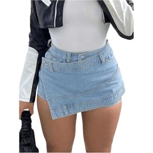 imageSHENHE Womens Vintage Mini Denim Skorts Wrap Overlay Irregular Stretchy Cargo ShortsLight Blue a