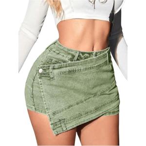 imageSHENHE Womens Vintage Mini Denim Skorts Wrap Overlay Irregular Stretchy Cargo ShortsLight Green
