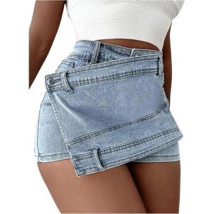imageSHENHE Womens Vintage Mini Denim Skorts Wrap Overlay Irregular Stretchy Cargo ShortsLight Wash