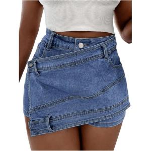 imageSHENHE Womens Vintage Mini Denim Skorts Wrap Overlay Irregular Stretchy Cargo ShortsMedium Wash