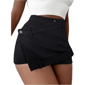 imageSHENHE Womens Vintage Mini Denim Skorts Wrap Overlay Irregular Stretchy Cargo ShortsPure Black