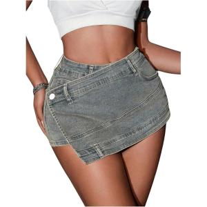 imageSHENHE Womens Vintage Mini Denim Skorts Wrap Overlay Irregular Stretchy Cargo ShortsYellow and Blue