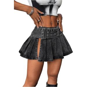 imageSHENHE Womens Y2k Low Rise Pleated Denim Mini Skirt Side Slit Sexy Punk Jean Micro SkirtDark Grey