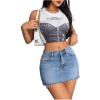 imageSHENHE Womens Casual Ripped Jean Skirt Low Waist Raw Hem Mini Denim SkirtsLight Blue
