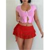 imageSHENHE Womens Lace Mini Skirt Y2k Low Rise Ruched Layered Ruffle SkirtRed
